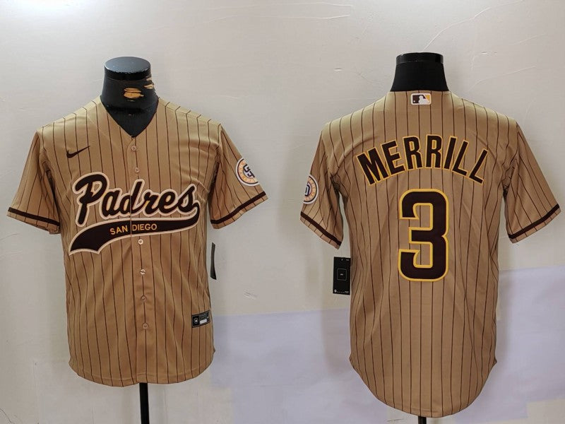 Men's San Diego Padres Jackson Merrill #3 Tan Alternate Replica Player Jersey