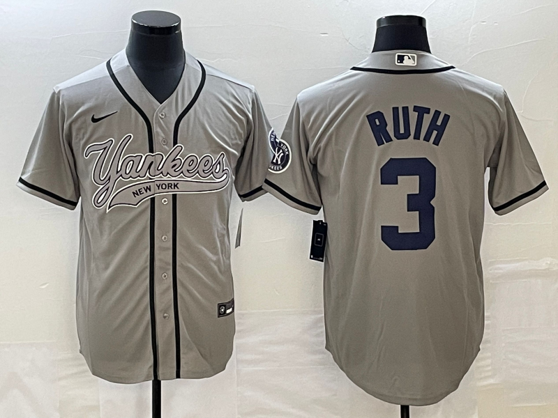 Men's New York Yankees Babe Ruth #3 Gray Player Jersey1 Joint Edition