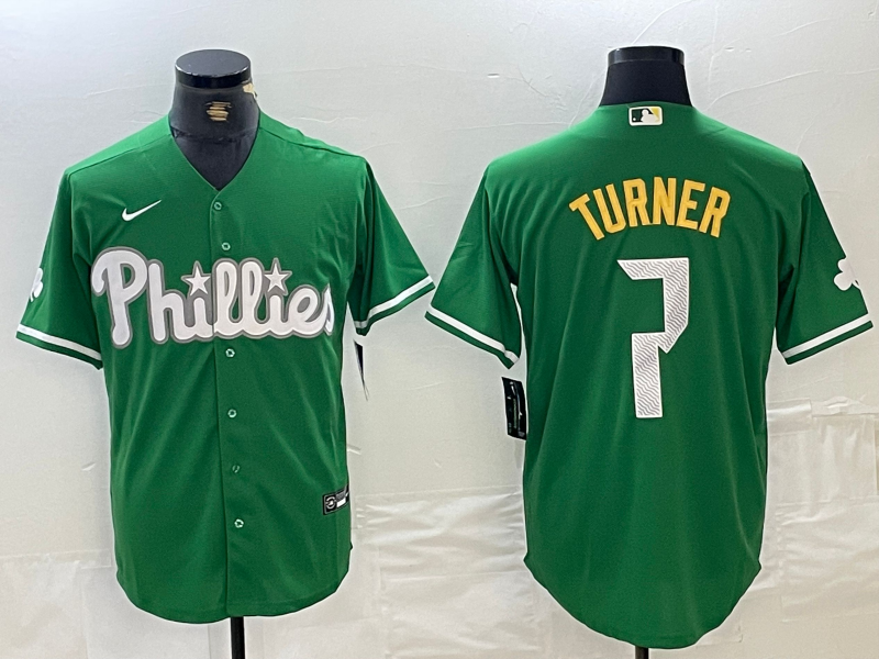 Men's Philadelphia Phillies Trea Turner #7 Green Replica Player Jersey1