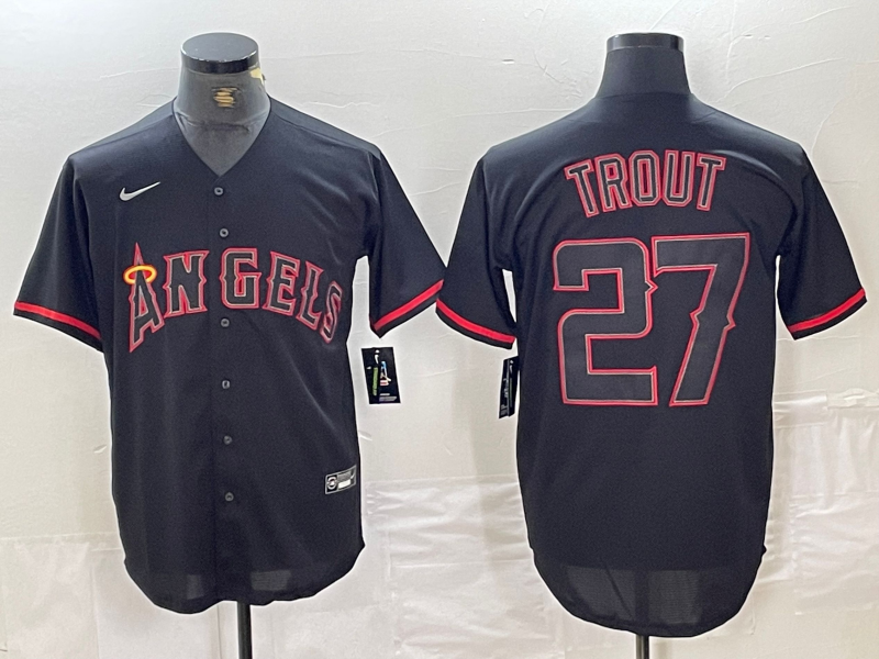 Men's Los Angeles Angels Mike Trout  Black Sewn Baseball Jersey