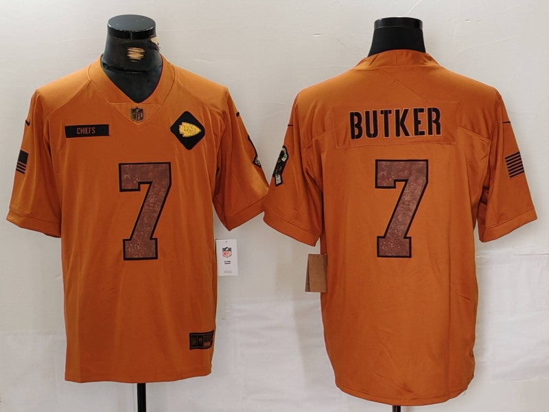 Men's Kansas City Chiefs Harrison Butker Brown 2023 Salute To Service Limited Jersey
