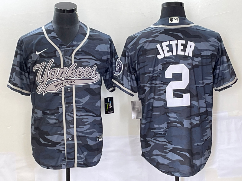 Men's New York Yankees Derek Jeter #2 Grey Camouflage Player Jersey1 Joint Edition
