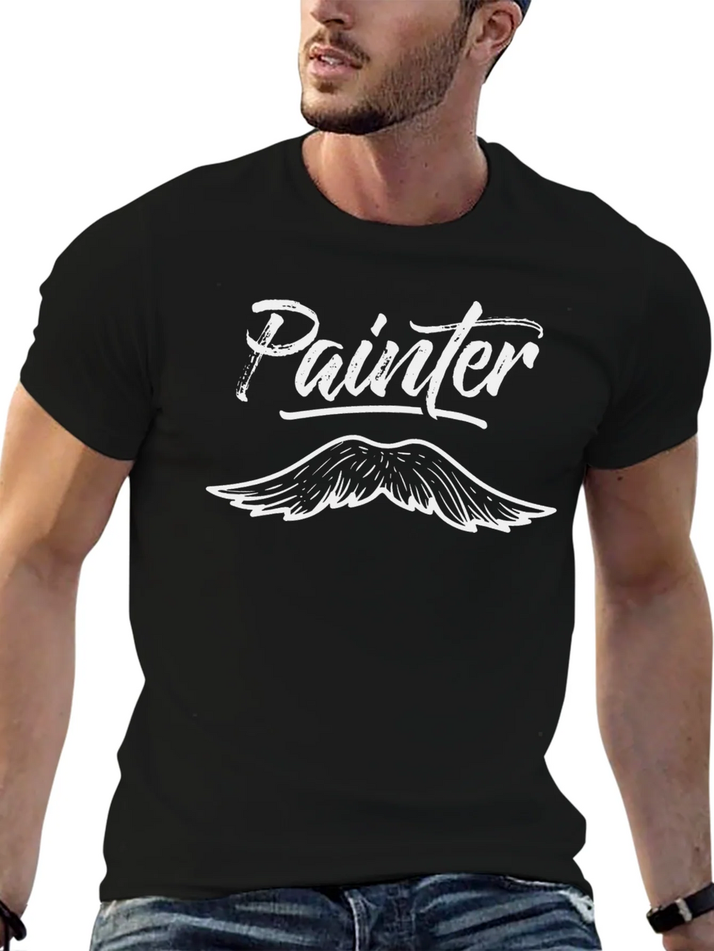 Painter Mustache Graphic Tee - Black Cotton T-Shirt