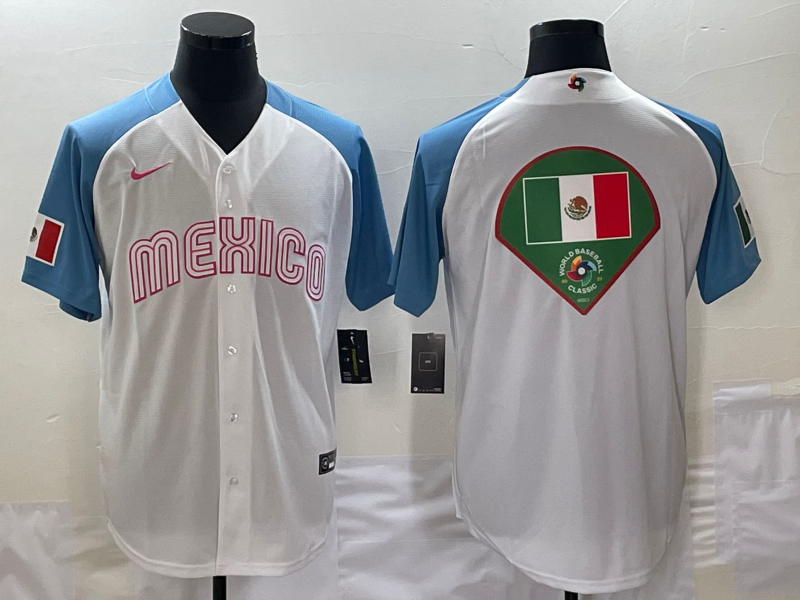 Men's 2023 World Baseball Classic Mexico White/Blue Player Jersey1