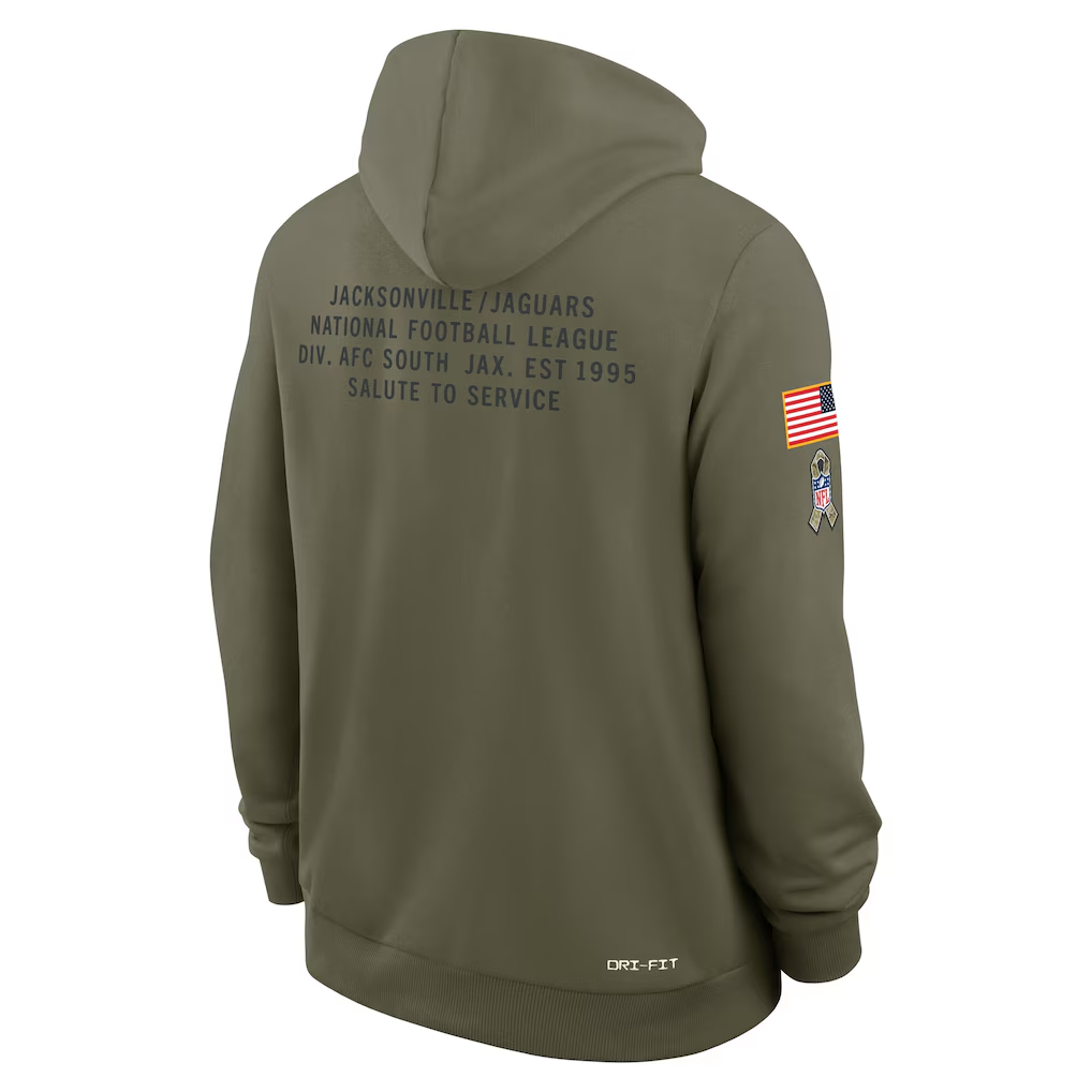 Men's Jacksonville Jaguars  Olive 2025 Salute to Service Sideline Standard Issue Dri-FIT Hoodie