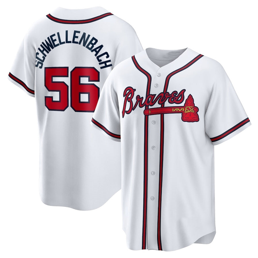 Atlanta Braves #56 Spencer Schwellech Home Replica Jersey - White Baseball Jerseys