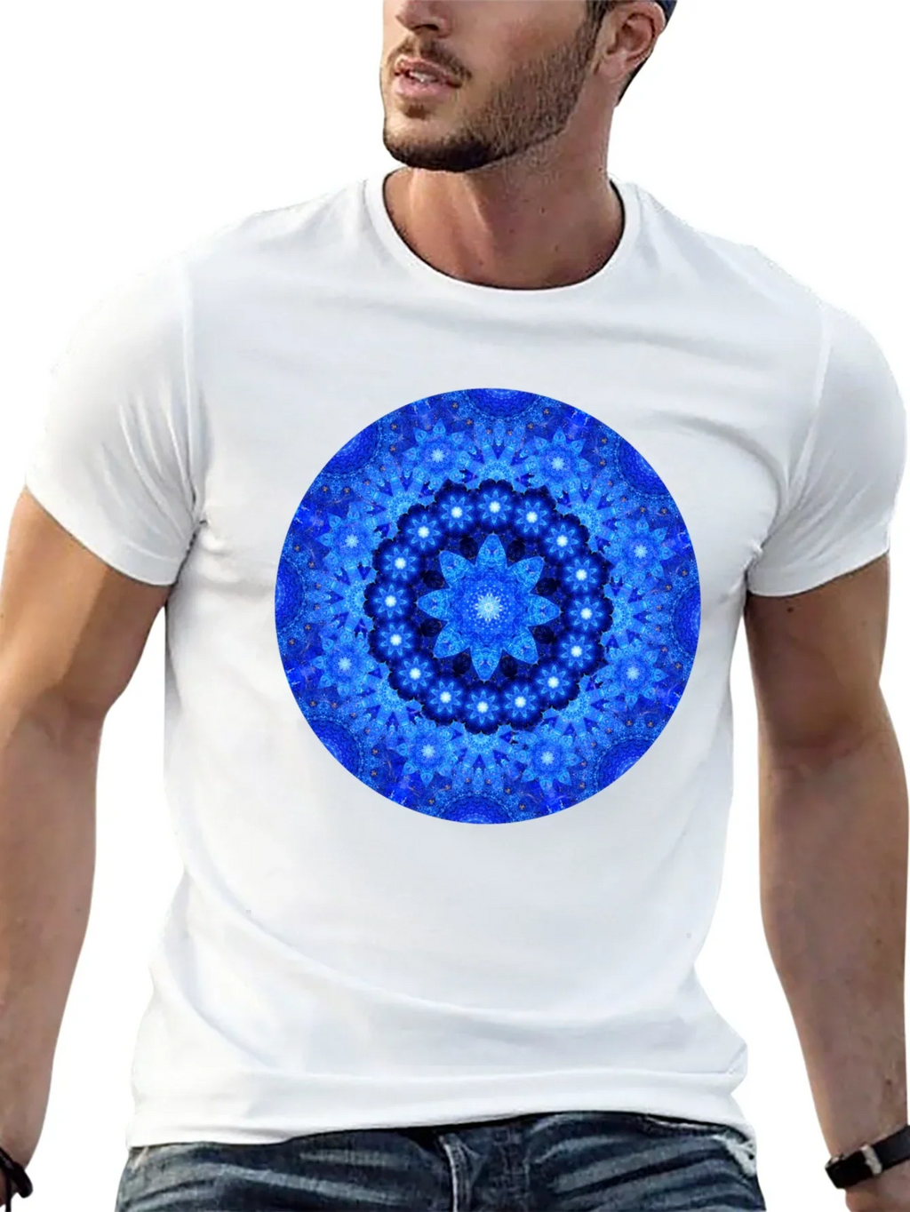 Blue Mandala Graphic Print Black T-Shirt