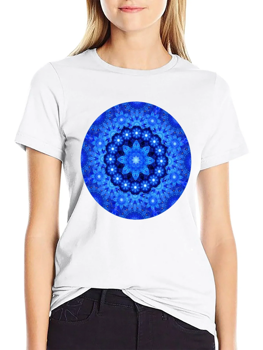 Blue Mandala Graphic Print Black T-Shirt