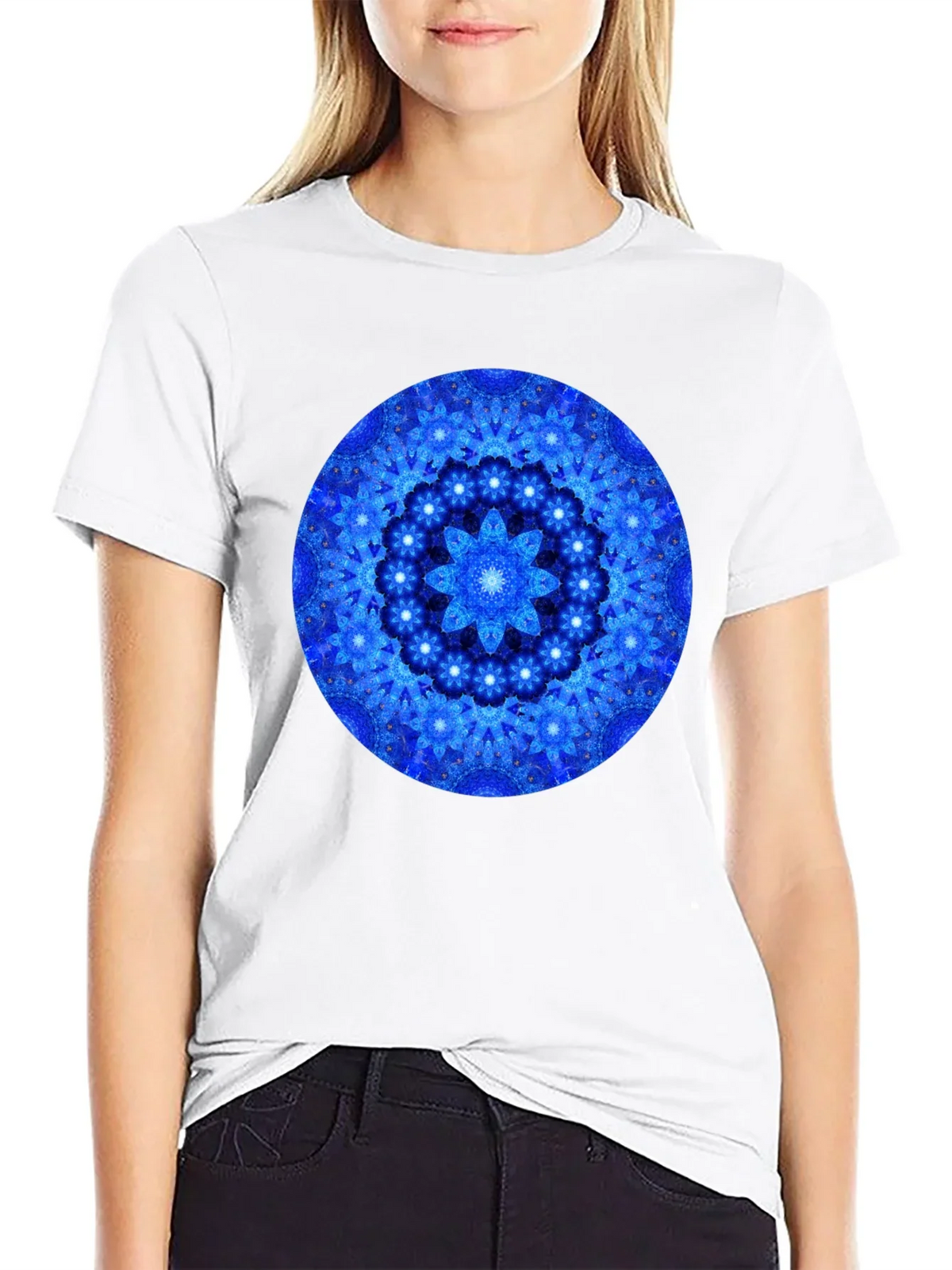 Blue Mandala Graphic Print Black T-Shirt
