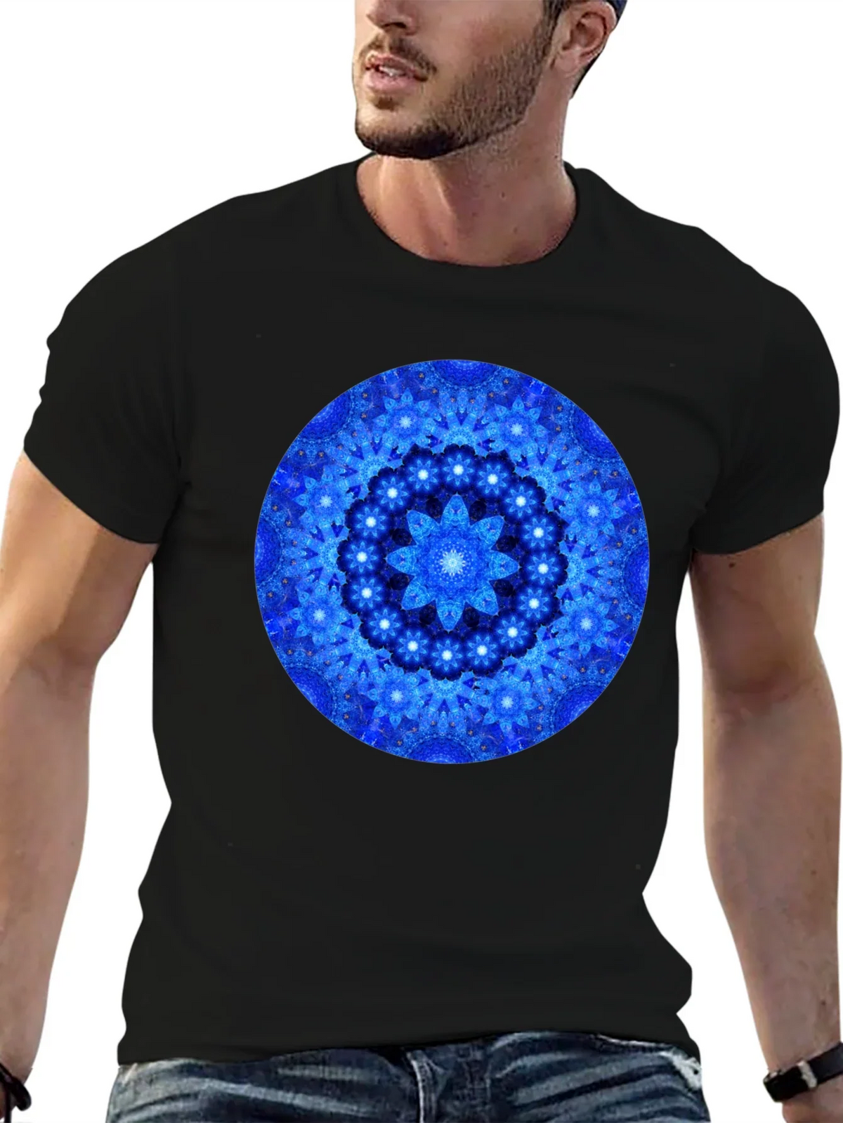 Blue Mandala Graphic Print Black T-Shirt