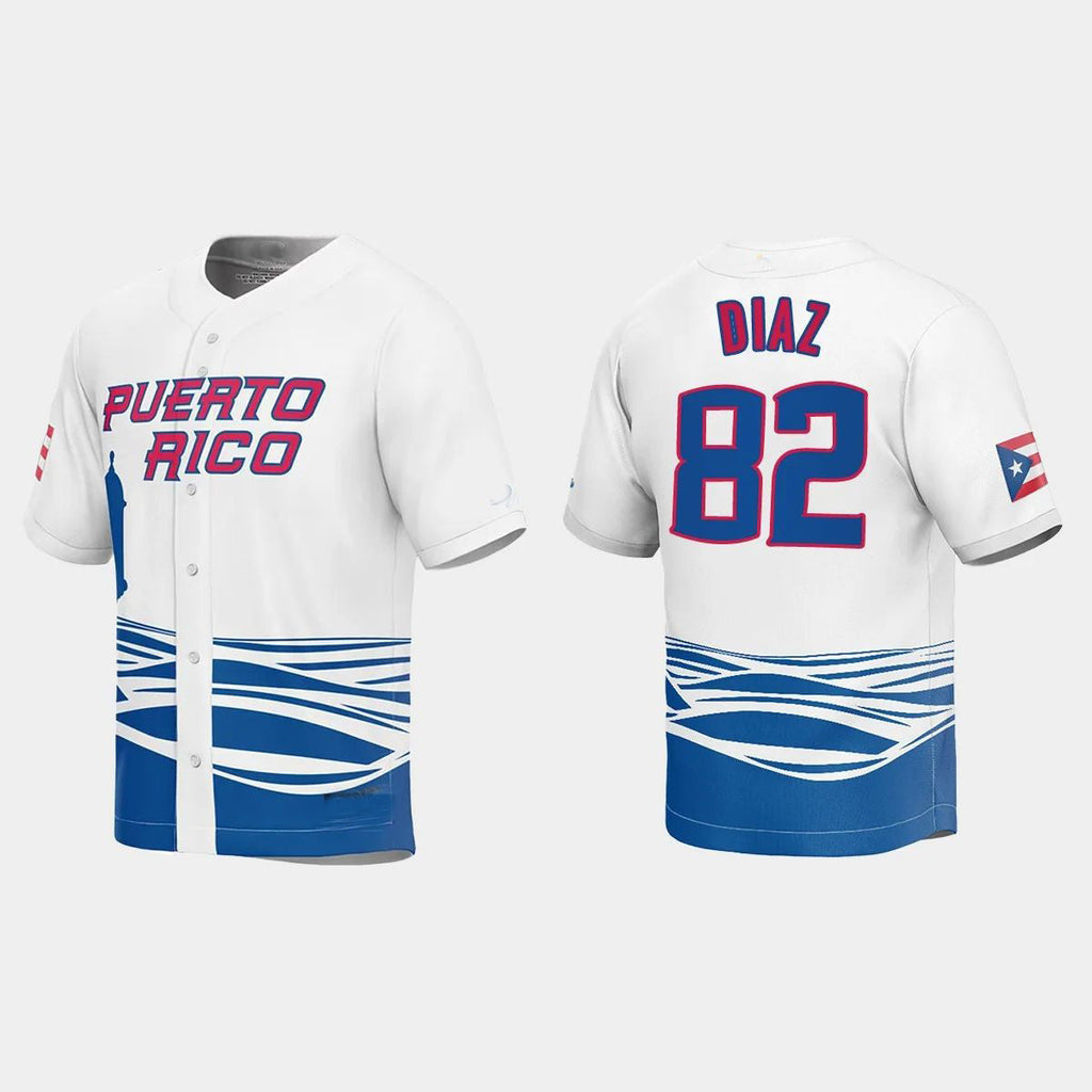 #82 EDWIN DIAZ PUERTO RICO BASEBALL 2023 WORLD BASEBALL CLASSIC JERSEY C WHITE Stitches Baseball Jerseys