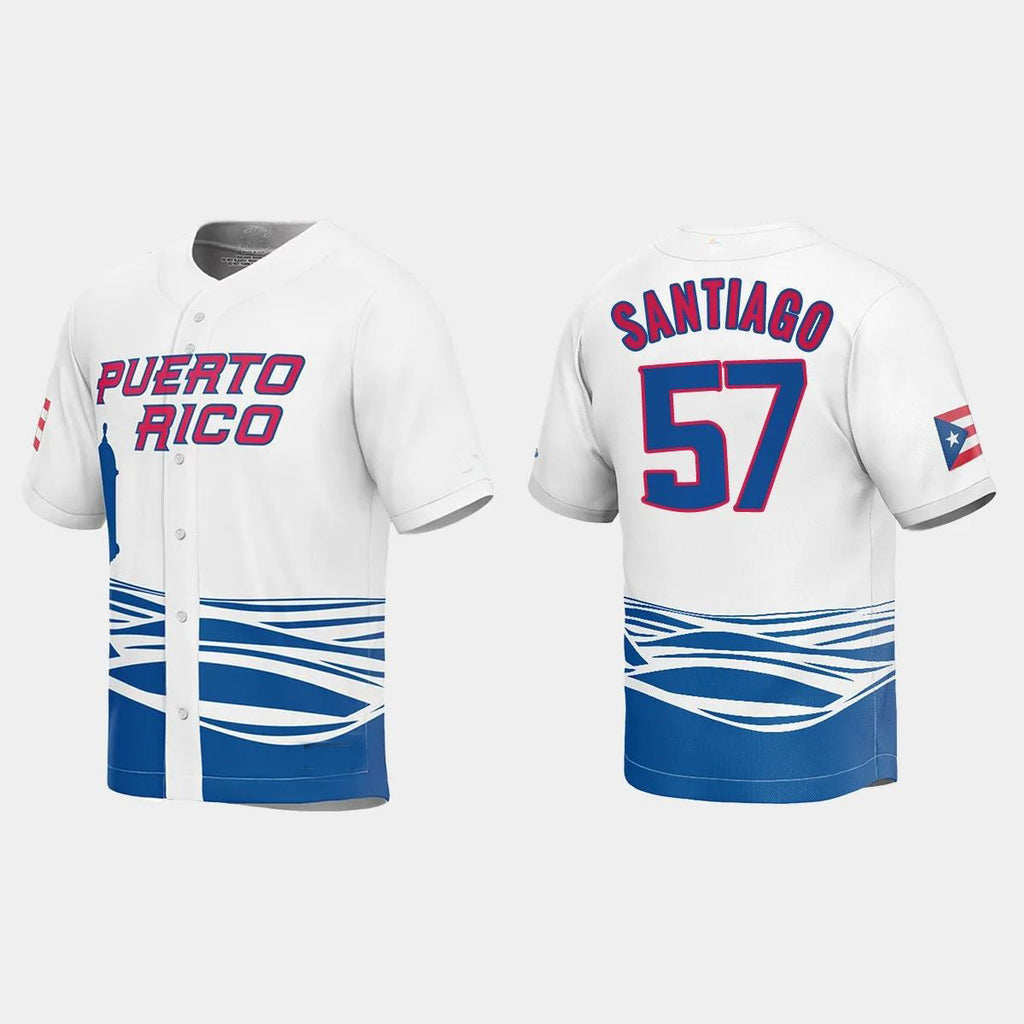 #57 HECTOR SANTIAGO PUERTO RICO BASEBALL 2023 WORLD BASEBALL CLASSIC JERSEY C WHITE Stitches Baseball Jerseys