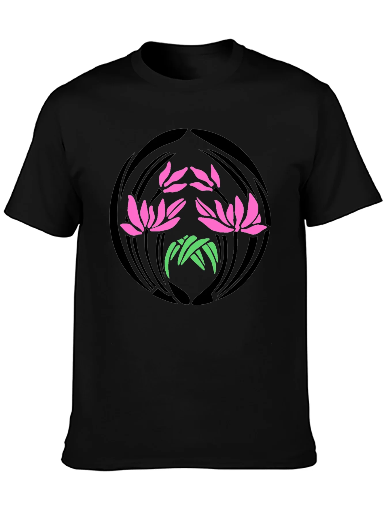 Floral Lotus Graphic Print Black T-Shirt