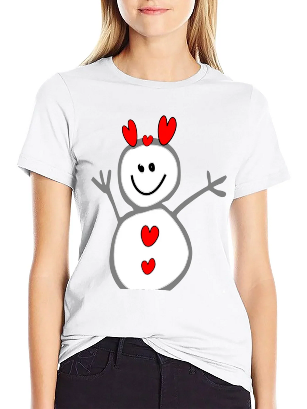Heart Snowman Graphic Tee - Black Cotton Blend