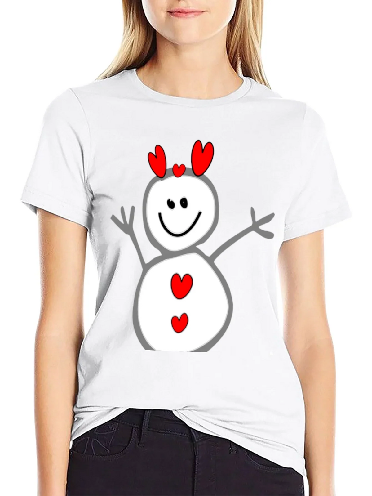Heart Snowman Graphic Tee - Black Cotton Blend