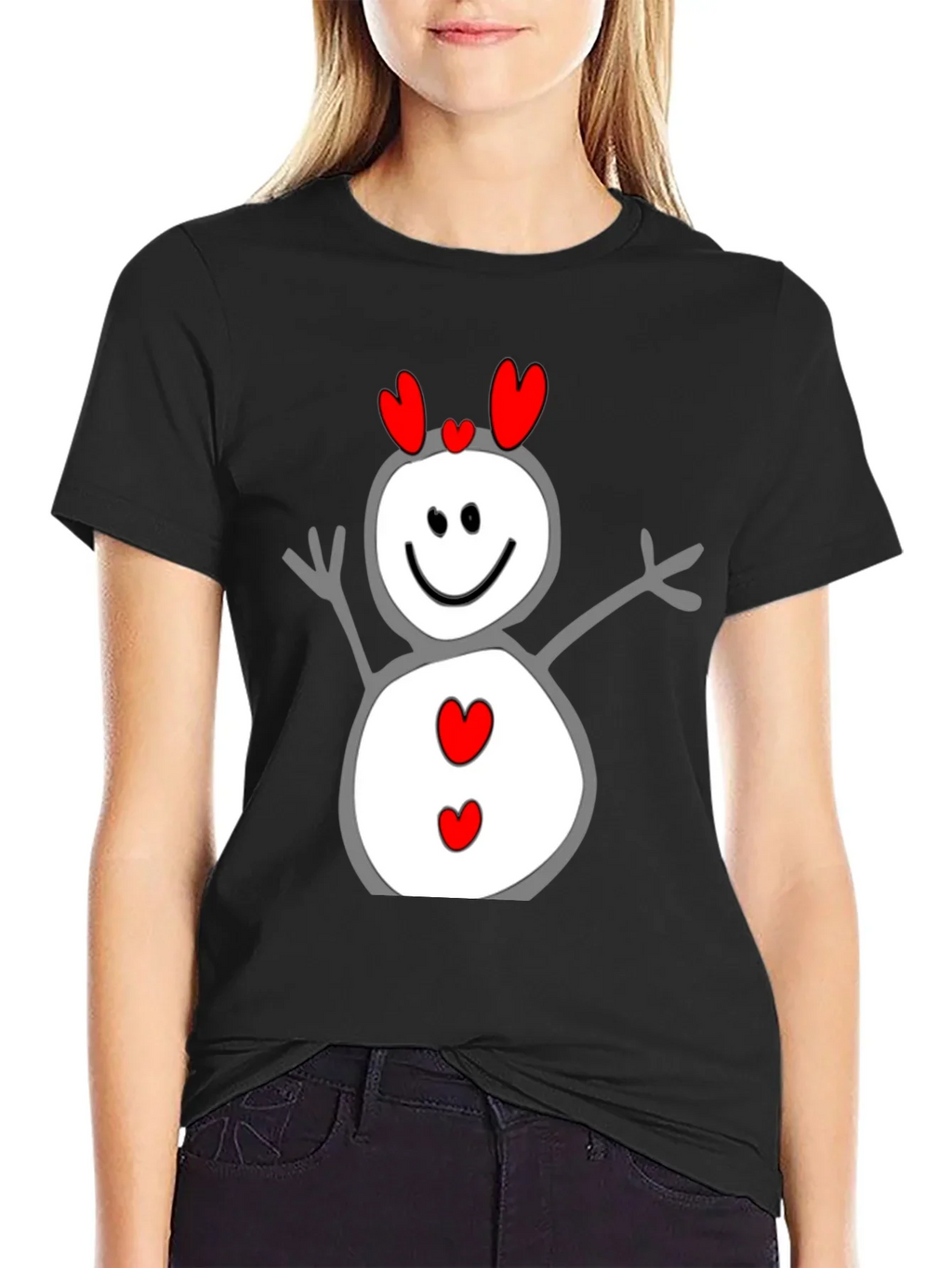 Heart Snowman Graphic Tee - Black Cotton Blend