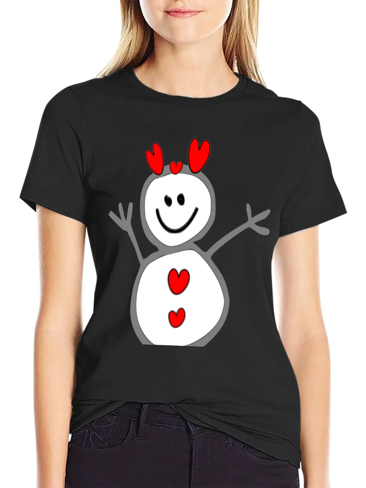 Heart Snowman Graphic Tee - Black Cotton Blend