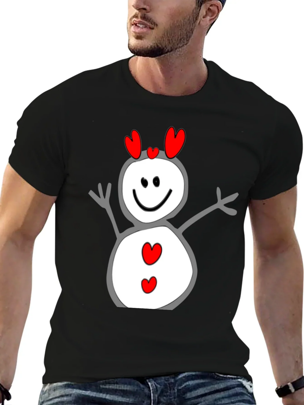 Heart Snowman Graphic Tee - Black Cotton Blend