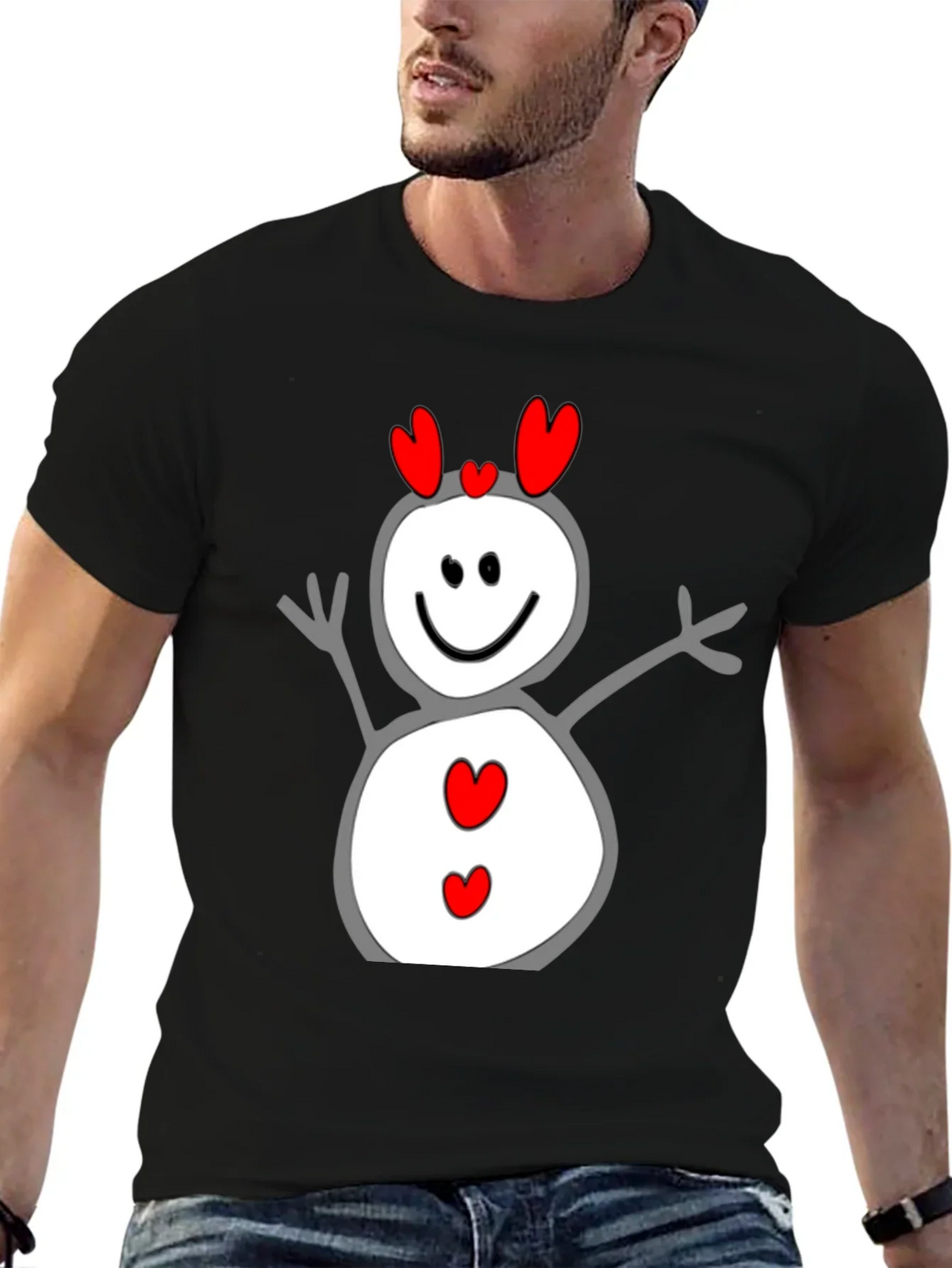 Heart Snowman Graphic Tee - Black Cotton Blend