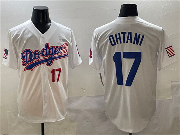 Los Angeles Dodgers #17 Shohei Ohtani White With American Flag Patch Limited Stitched Baseball Jersey