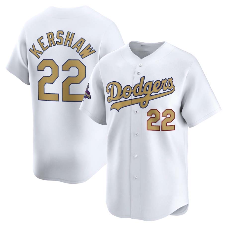 Los Angeles Dodgers #22 Clayton Kershaw White 2025 Gold Collection Limited Stitched Baseball Jersey