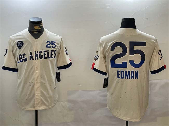 Los Angeles Dodgers #25 Tommy Edman Cream 2024 World Series With Fernando Memorial Patch City Connect Limited Stitched Baseball Jersey