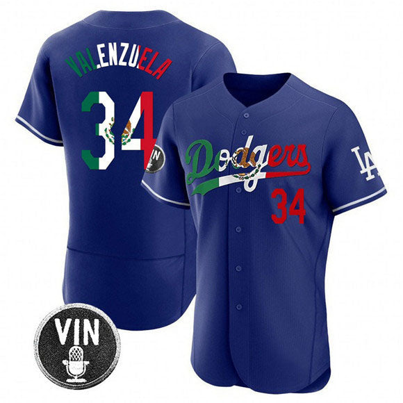 Los Angeles Dodgers #34 Fernando Valenzuela Royal Mexico Special Vin Scully Patch Flex Base Stitched Baseball Jersey