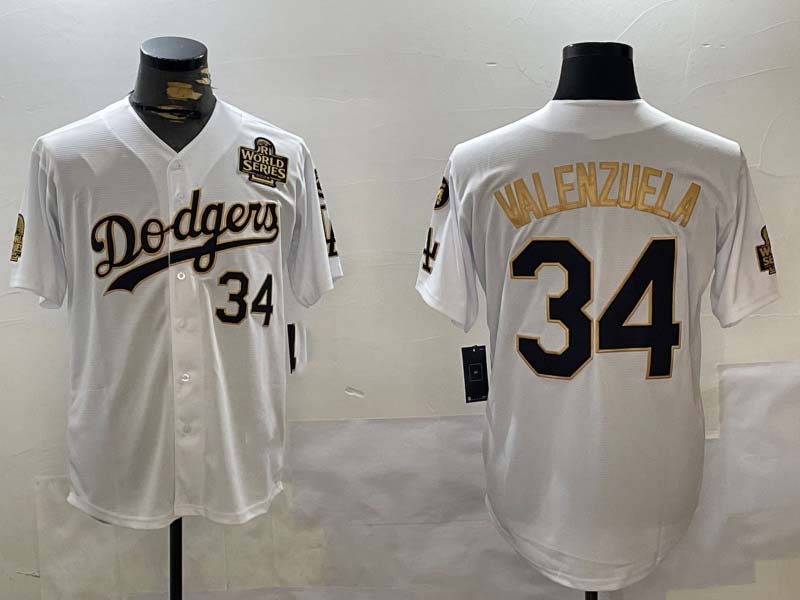 Los Angeles Dodgers #34 Toro Valenzuela White Gold 2024 World Series With Fernando Memorial Patch Limited Stitched Baseball Jersey