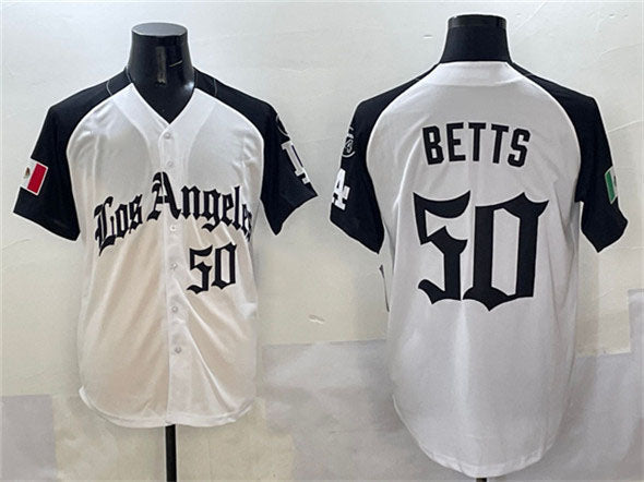 Los Angeles Dodgers #50 Mookie Betts White Black Mexico 2025 LA Gothic Style With Fernando Patch Vapor Premier Limited Stitched Baseball Jersey