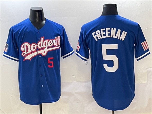 Los Angeles Dodgers #5 Freddie Freeman Royal With American Flag Patch Limited Stitched Baseball Jersey