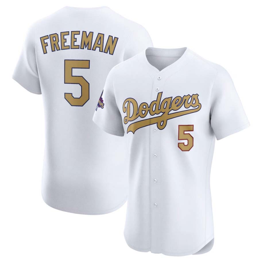 Los Angeles Dodgers #5 Freddie Freeman White 2025 Gold Collection Elite Stitched Baseball Jersey