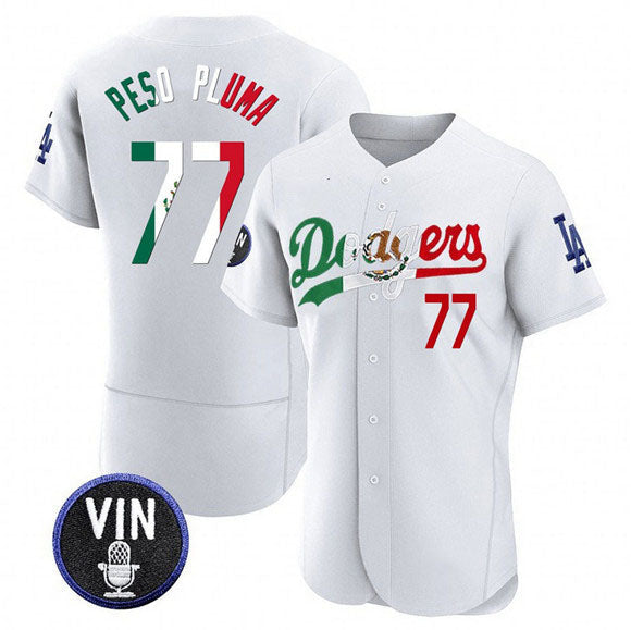 Los Angeles Dodgers #77 Pezo Pluma White Mexico Special Vin Scully Patch Flex Base Stitched Baseball Jersey