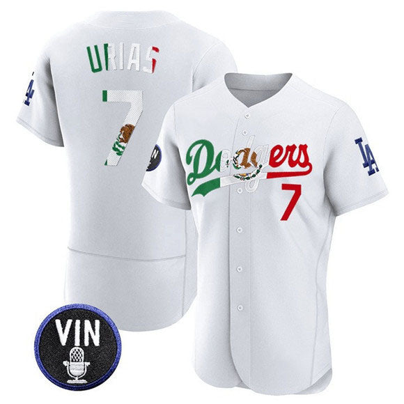 Los Angeles Dodgers #7 Julio Urias White Mexico Special Vin Scully Patch Flex Base Stitched Baseball Jersey