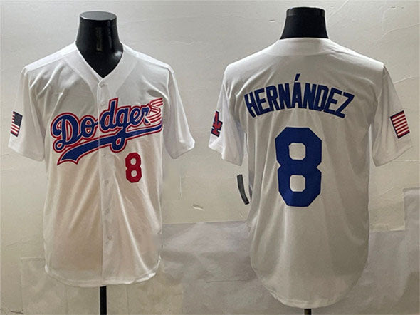 Los Angeles Dodgers #8 Enrique Hern¨¢ndez White With American Flag Patch Limited Stitched Baseball Jersey