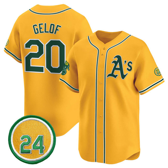 Oakland Athletics #20 Zack Gelof Yellow 2024 Limited With Rickey Henderson Patch Stitched Baseball Jersey