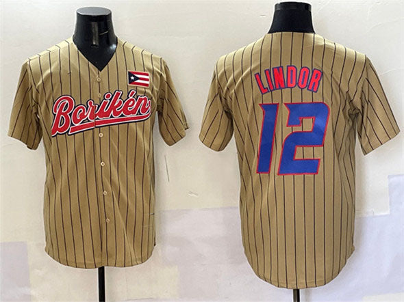 Puerto Rico Baseball #12 Francisco Lindor Tan 2023 World Baseball Classic Stitched Baseball Jersey
