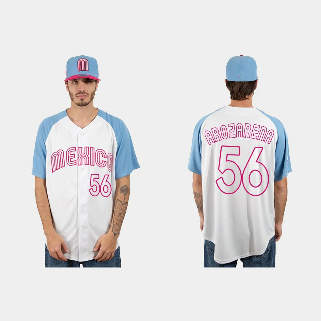 #56 RANDY AROZARENA MEXICO BASEBALL 2023 WORLD BASEBALL CLASSIC JERSEY C WHITE BLUE Stitches Baseball Jerseys