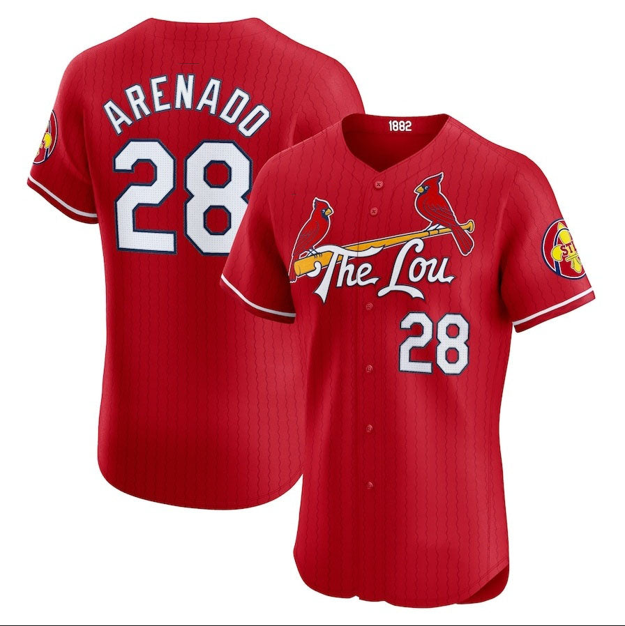 St. Louis Cardinals #28 Nolan Arenado 2024 City Connect Elite Player Jersey - Red Stitched Baseball Jersey
