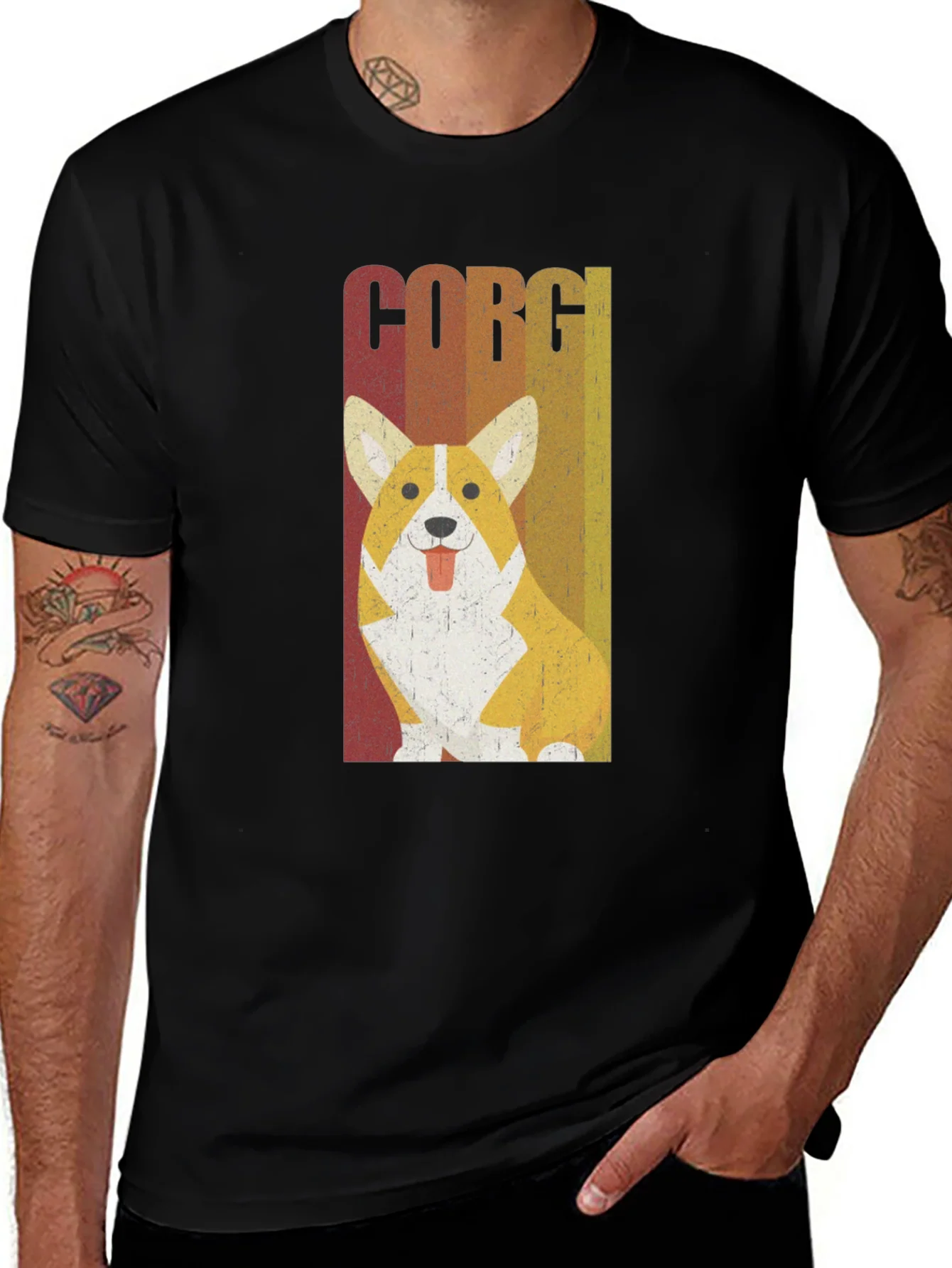 Retro Corgi Dog Graphic Tee - Mens Black T-Shirt