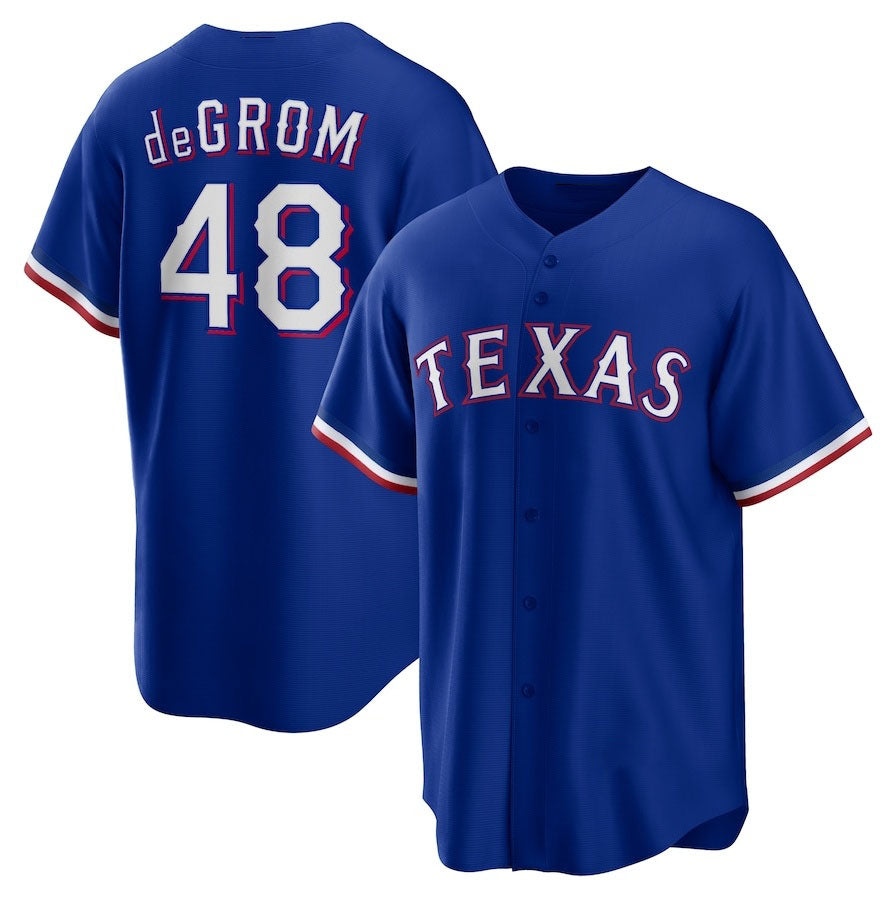 Texas Rangers #48 Jacob deGrom Away Replica Player Jersey - Royal Stitched Baseball Jersey