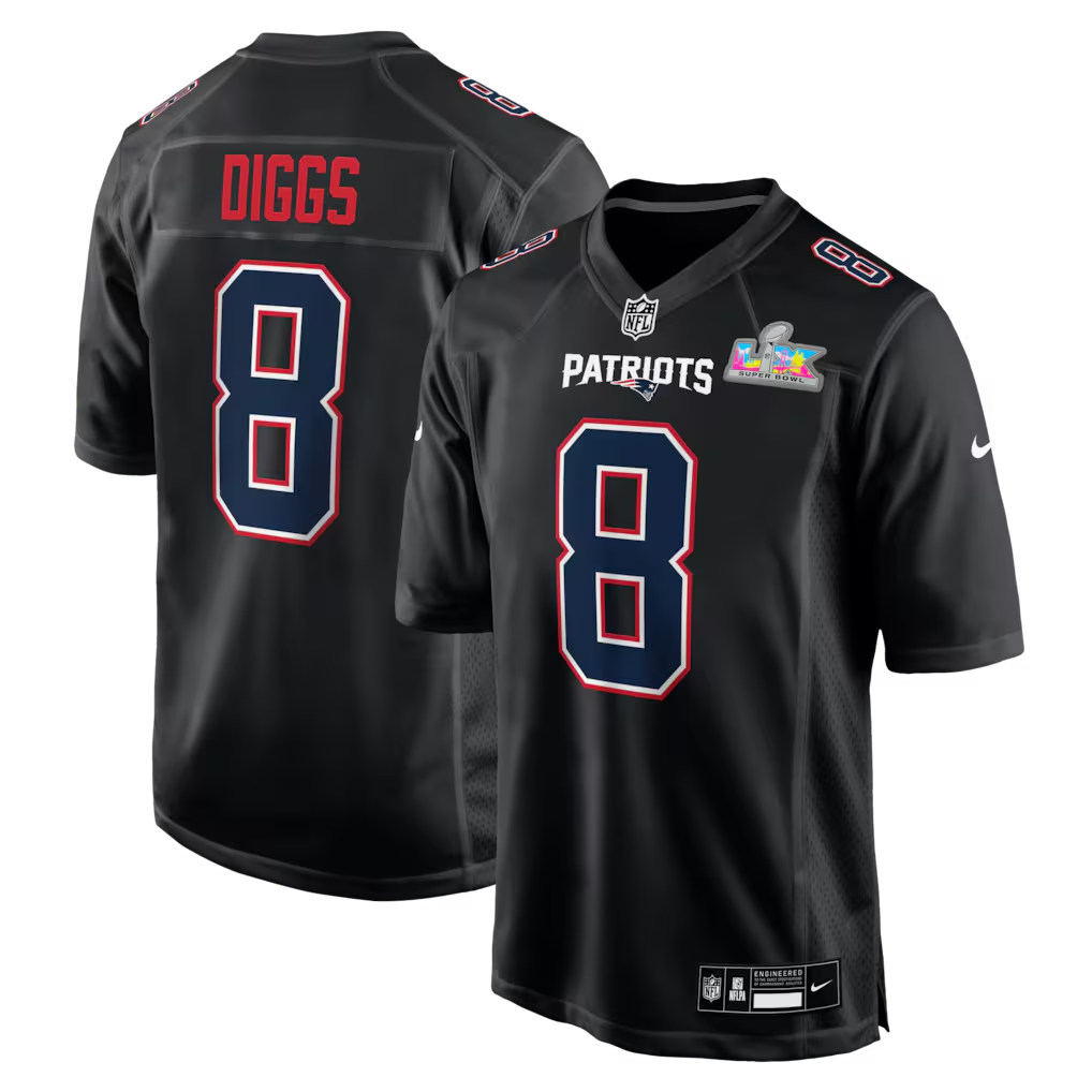 Men's New England Patriots Stefon Diggs Black Super Bowl LX Patch Carbon Fashion Game Jersey