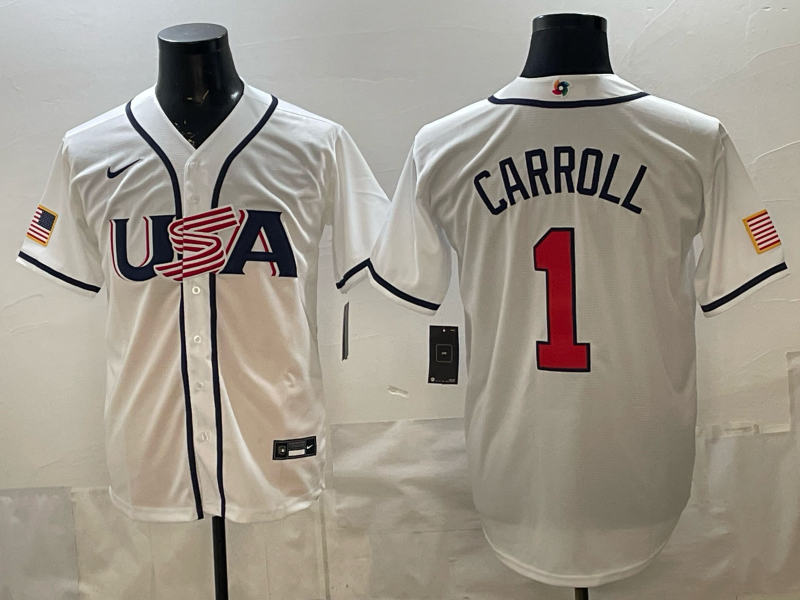 Men's USA Baseball Corbin Carroll #1 White 2026 World Baseball Classic Stadium Jersey