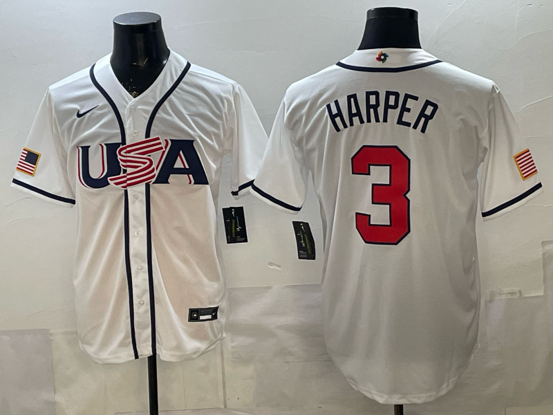 Men's USA Baseball Bryce Harper #3 White 2026 World Baseball Classic Stadium Jersey