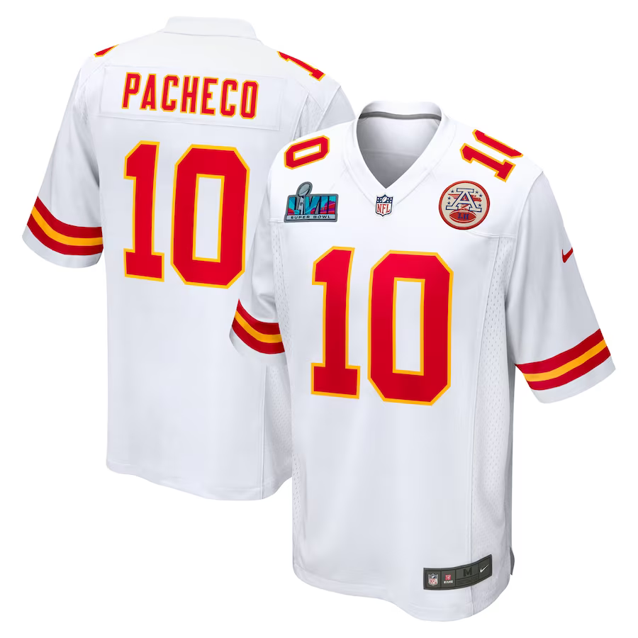 Men's Kansas City Chiefs Isiah Pacheco #10 White Super Bowl LVII Patch Away Game Jersey1
