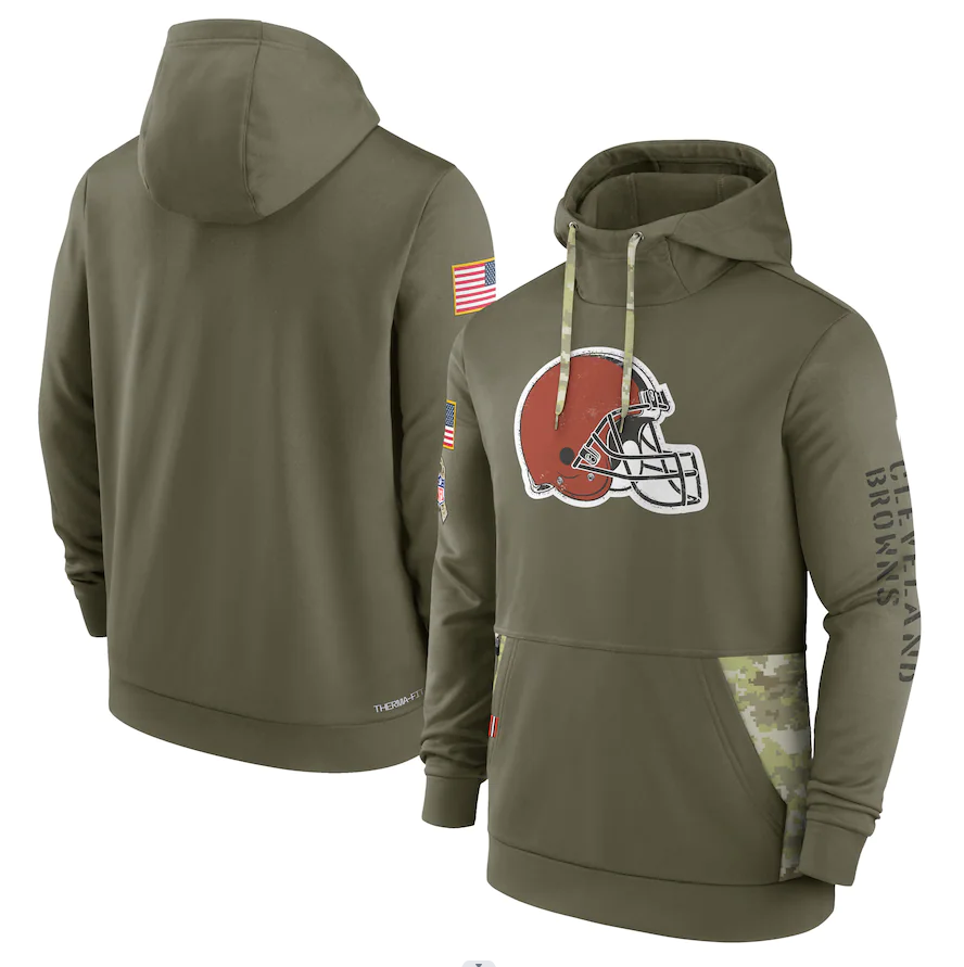 Men's Cleveland Browns Olive 2022 Salute to Service Therma Performance Pullover Hoodie1