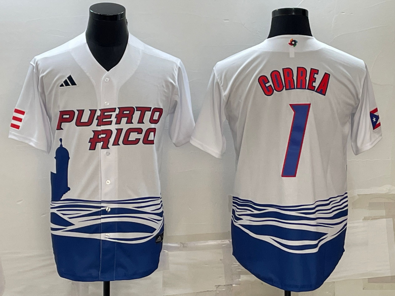 Men's 2023 World Baseball Classic #1 Carlos Correa Puerto Rico White Jersey1