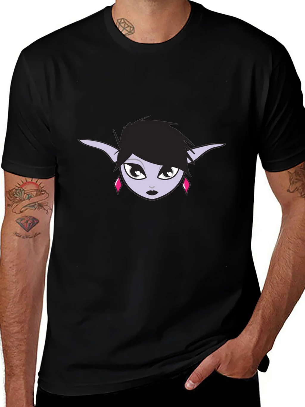 Black T-Shirt with Elf Girl Graphic Tee