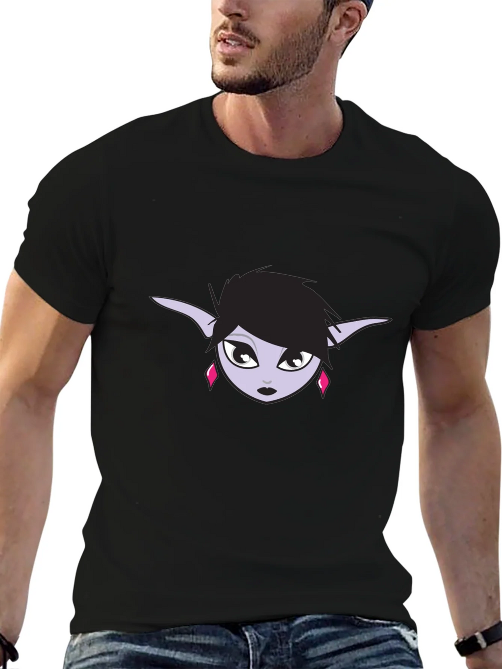 Black T-Shirt with Elf Girl Graphic Tee