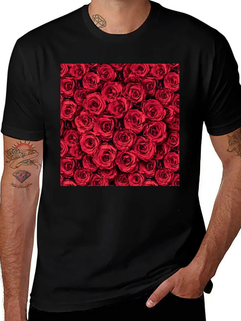 Red Roses Floral Print Crew Neck T-Shirt