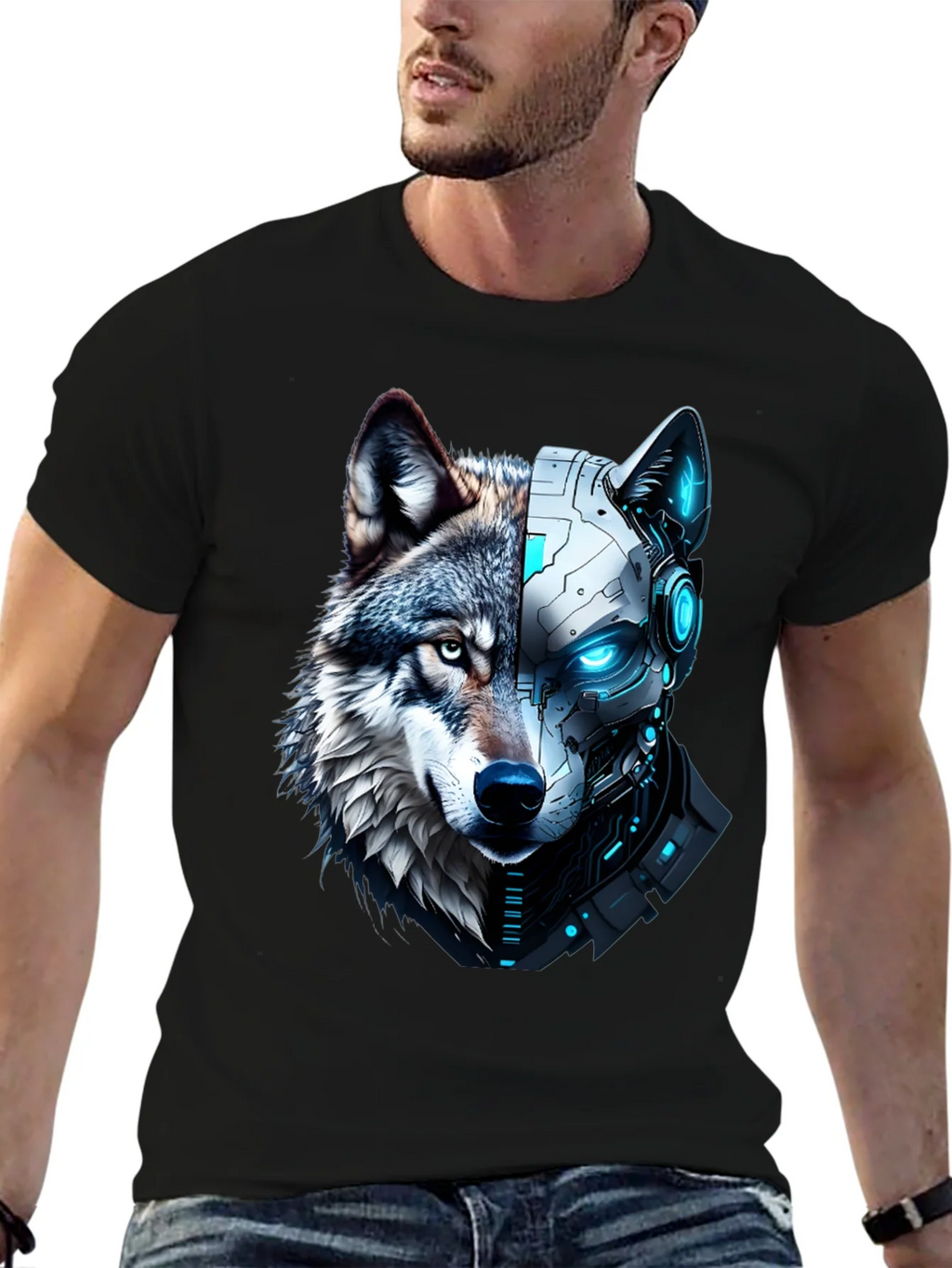 Cyber Wolf Graphic Tee - Mens Black T-Shirt